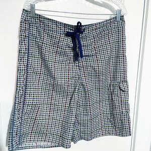 ACE Men's Size 33 Athletic Swimming Tan Blue Plaid Check Board Shorts
